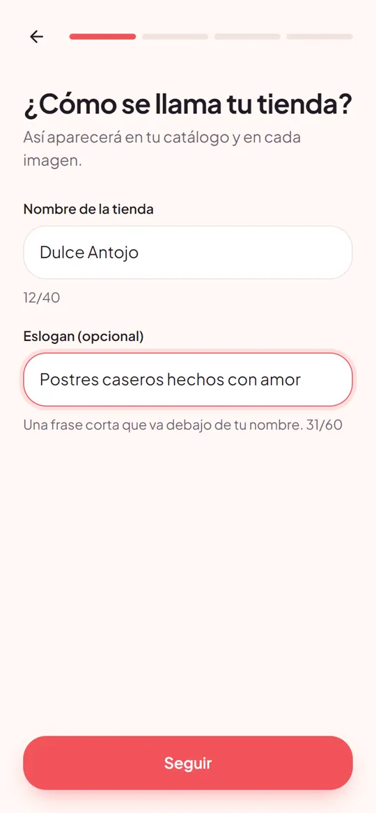 Pantalla para escribir el nombre y el eslogan de la tienda