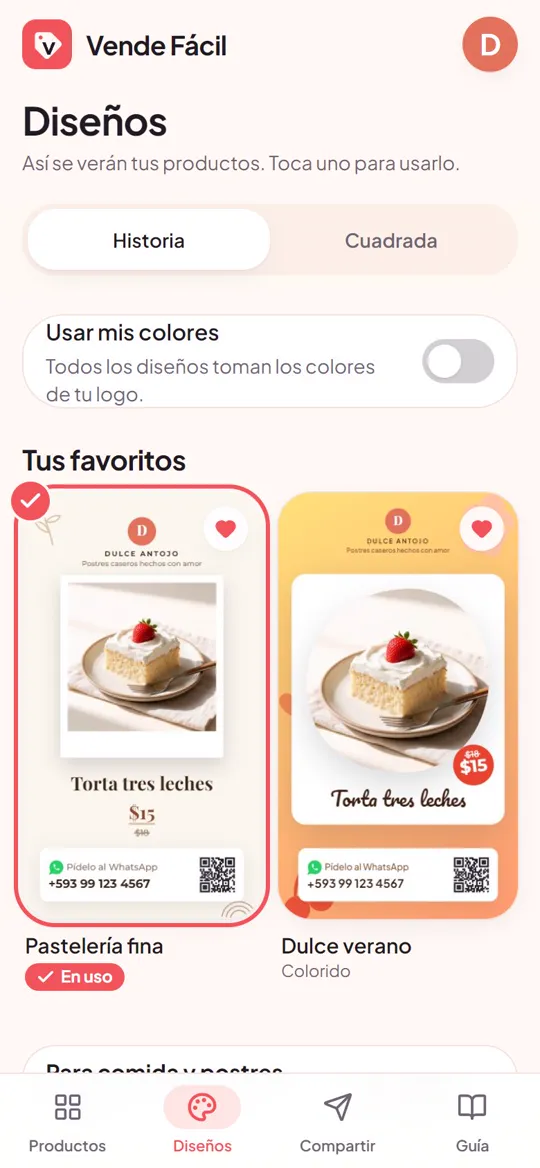 Pantalla de diseños con vistas previas usando los productos de la tienda