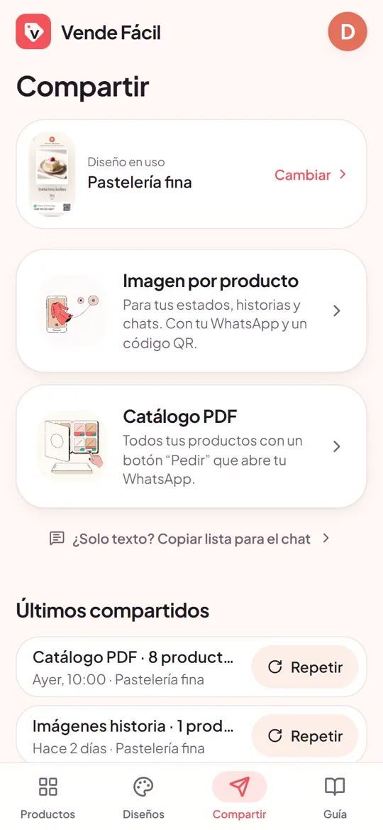 Pantalla de compartir con imagen por producto y catálogo PDF
