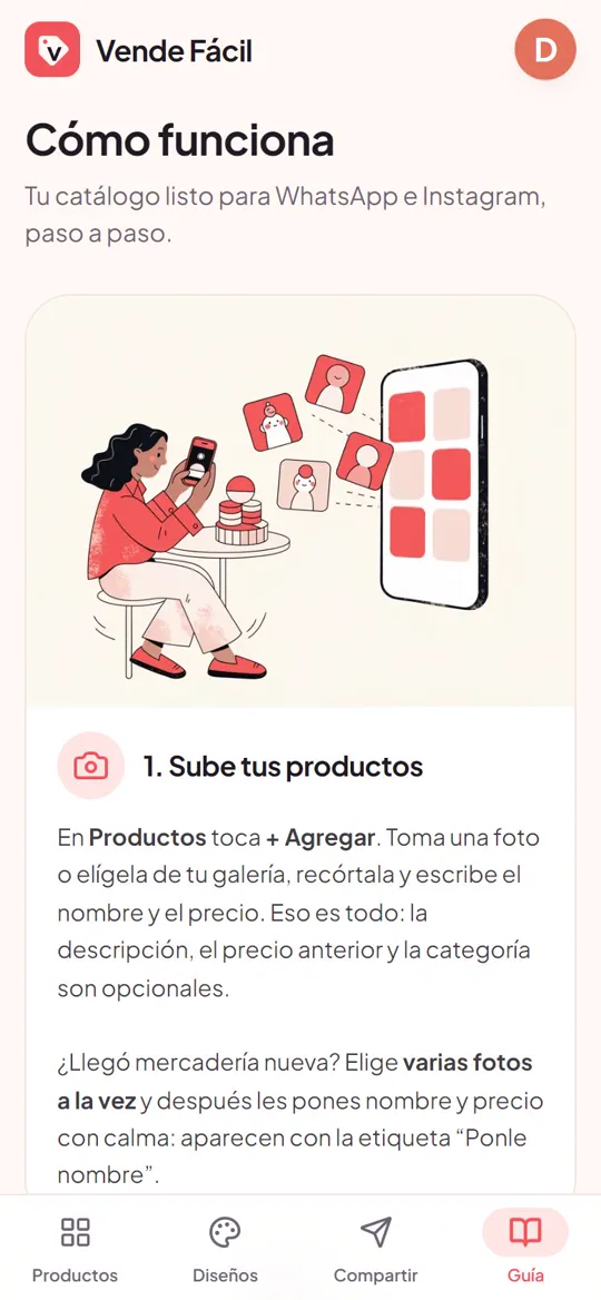 Guía paso a paso dentro de la app