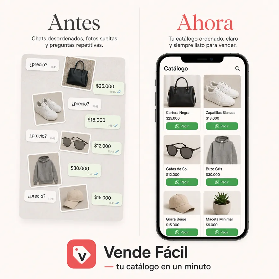 Antes: chats desordenados con fotos sueltas y preguntas de precio. Ahora: catálogo ordenado con botón Pedir