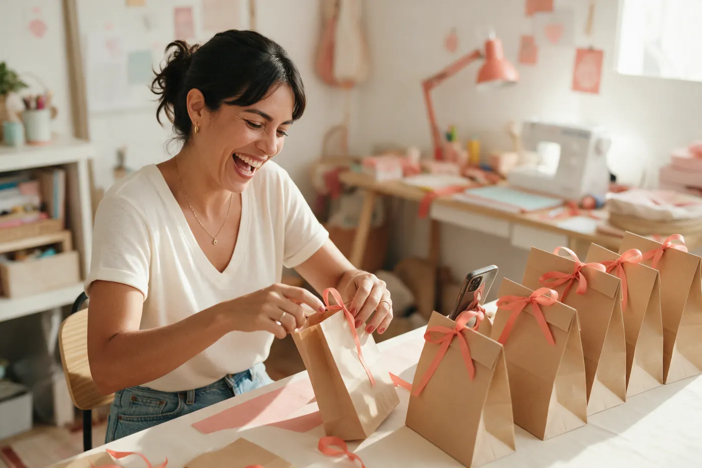 Emprendedora feliz empacando varios pedidos en bolsas con cinta coral