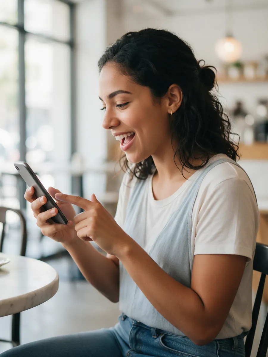 Clienta sonriendo en un café mientras toca su celular