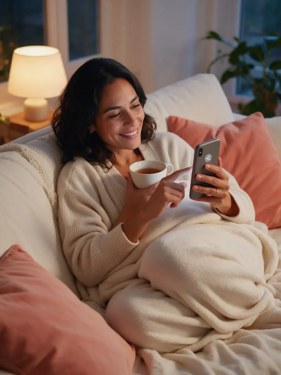 Mujer relajada en el sofá compartiendo desde su celular
