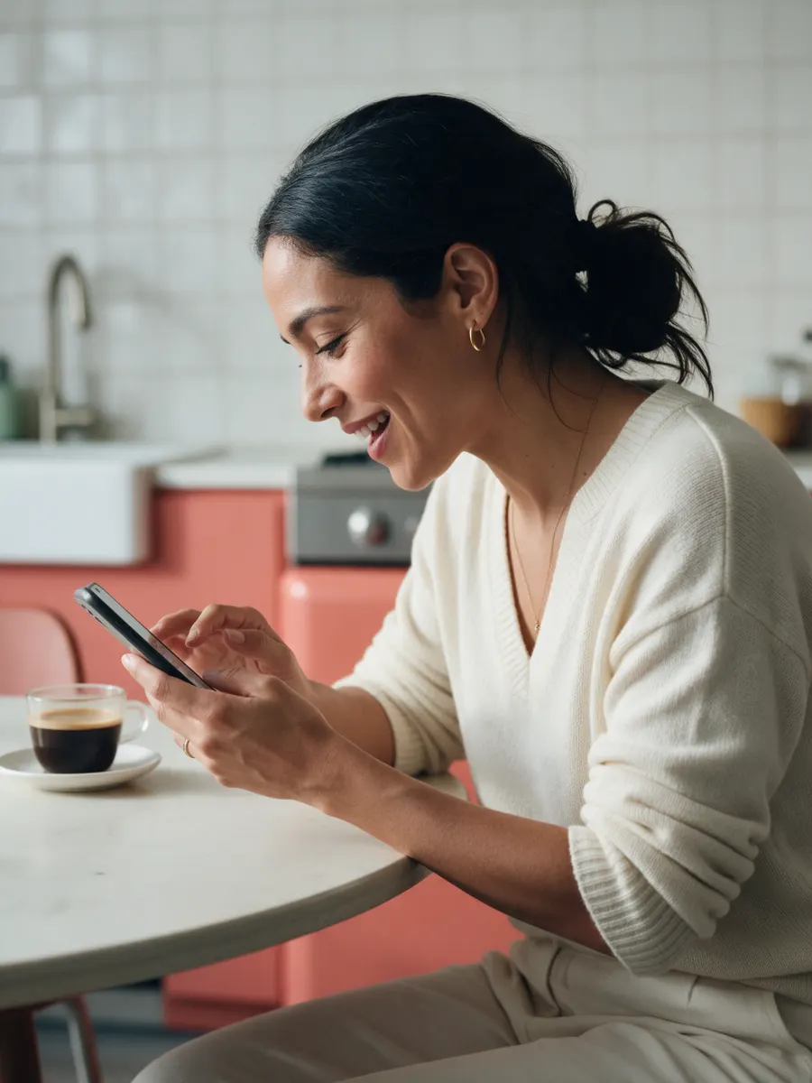 Mujer con un café eligiendo un diseño en su celular